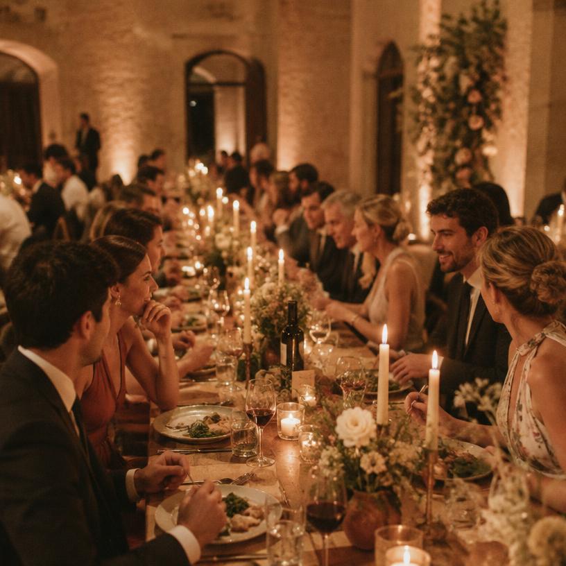 Guests at the candlelit wedding dinner